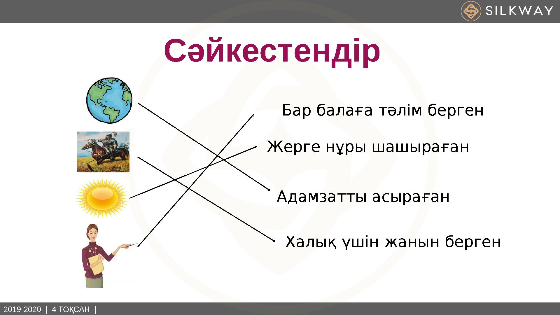 2019-2020 | 4 ТОҚСАН | Сәйкестендір Бар балаға тәлім берген Жерге нұры шашыраған Адамзатты асыраған Халық үшін жанын берге