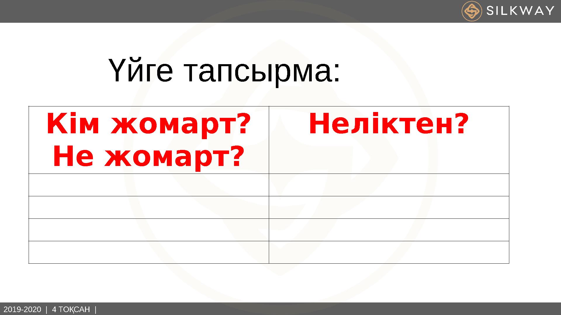 2019-2020 | 4 ТОҚСАН | Үйге тапсырма: Кім жомарт? Не жомарт? Неліктен?