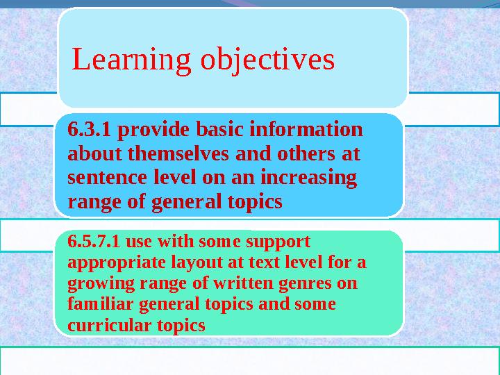 Learning objectives 6.3.1 provide basic information about themselves and others at sentence level on an increasing range of