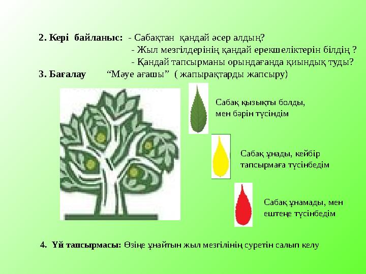 2. Кері байланыс: - Сабақтан қандай әсер алдың? - Жыл мезгілдерінің қандай ерекшеліктер