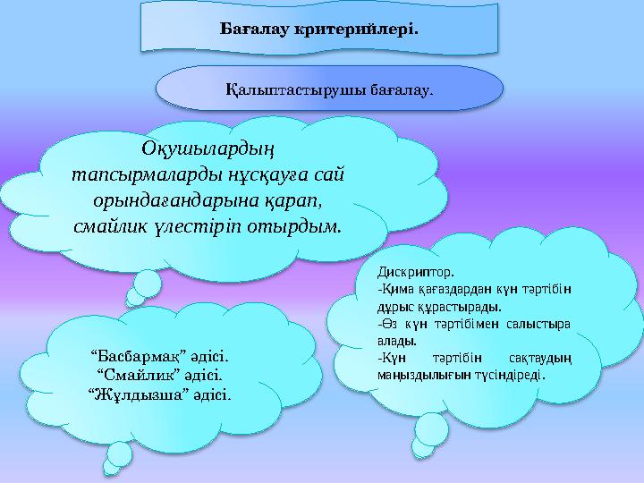 Оқушылардың тапсырмаларды нұсқауға сай орындағандарына қарап, смайлик үлестіріп отырдым. Дискриптор. -Қима қағаздардан күн