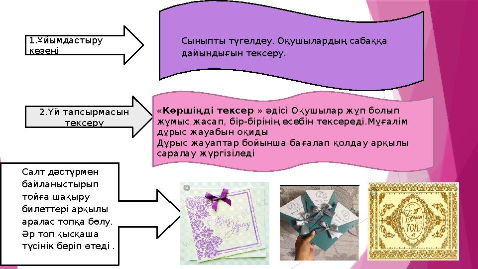 1.Ұйымдастыру кезеңі 2.Үй тапсырмасын тексеру Сыныпты түгелдеу. Оқушылардың сабаққа дайындығын тексеру. « Көршіңді тексер »