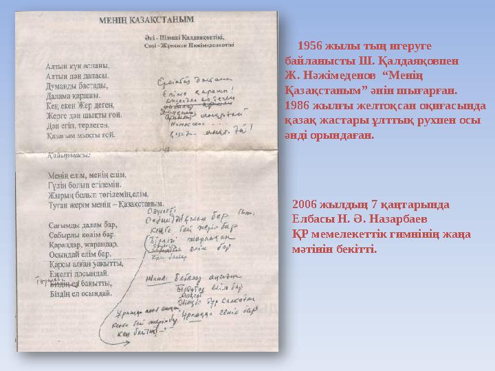1956 жылы тың игеруге байланысты Ш. Қалдаяқовпен Ж. Нәжімеденов “Менің Қазақстаным” әнін шығарған. 1986 жылғы желтоқс