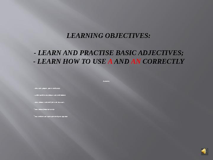 LEARNING О BJECTIVES : - LEARN AND PRACTISE BASIC ADJECTIVES ; - LEARN HOW TO USE A AND AN CORRECTLY A learner : - describ