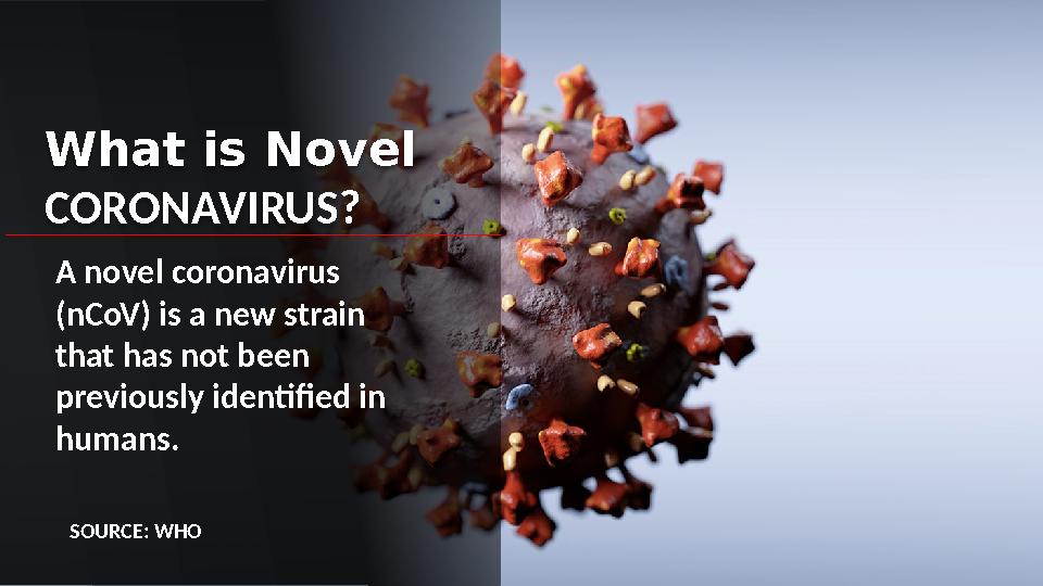 What is Novel CORONAVIRUS? A novel coronavirus (nCoV) is a new strain that has not been previously identified in humans. SO