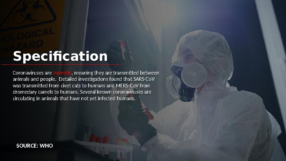 Specification SOURCE: WHOCoronaviruses are zoonotic , meaning they are transmitted between animals and people. Detailed inves