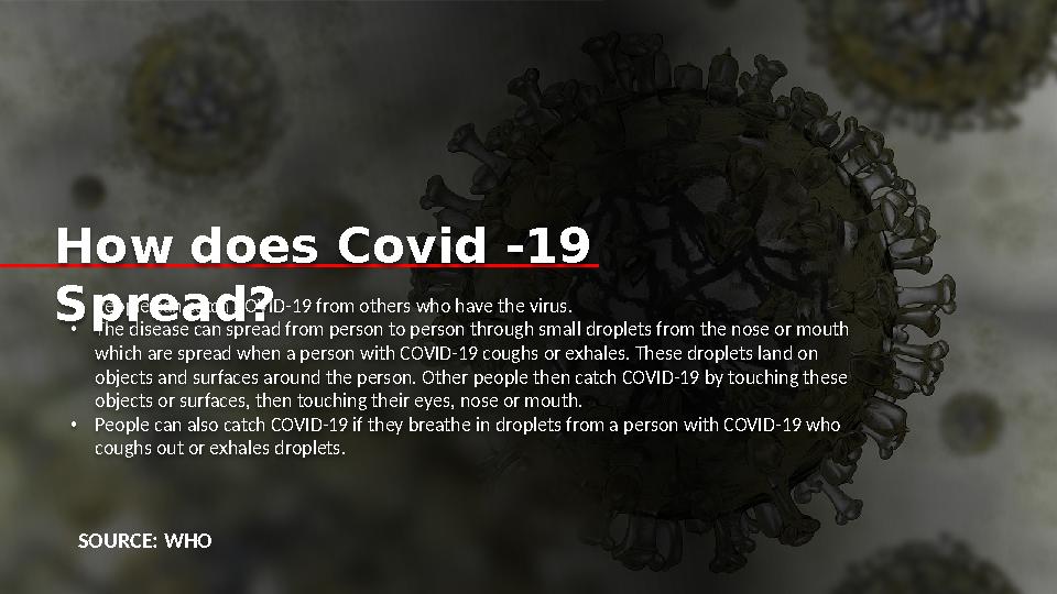 SOURCE: WHO• People can catch COVID-19 from others who have the virus. • The disease can spread from person to person through s