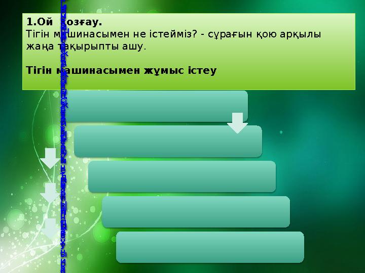 1.Ой қозғау. Тігін машинасымен не істейміз? - сұрағын қою арқылы жаңа тақырыпты ашу. Тігін машинасымен жұмыс істеу а ) М а