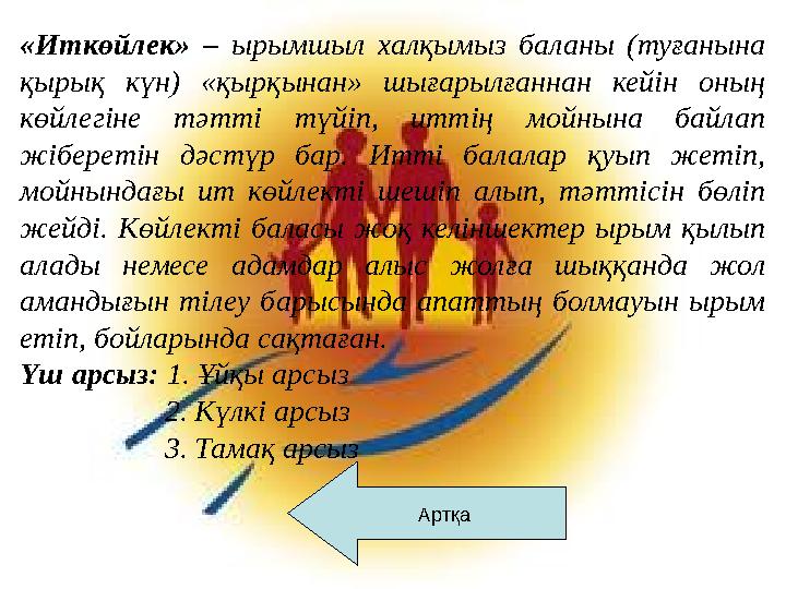 Артқа«Иткөйлек» – ырымшыл халқымыз баланы (туғанына қырық күн) «қырқынан» шығарылғаннан кейін оның көйлегіне тәтті