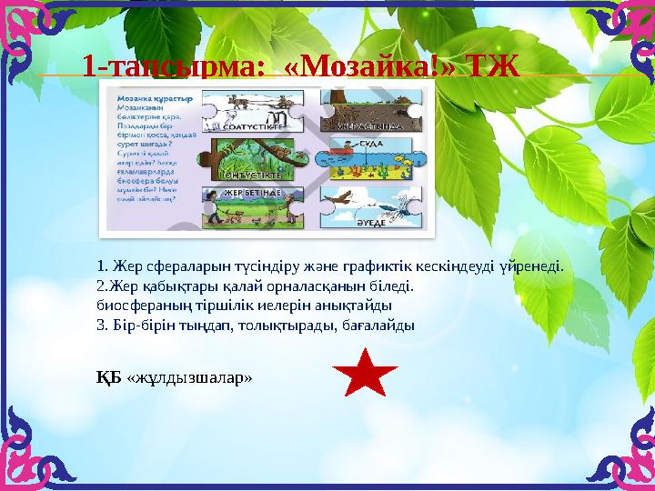 1-тапсырма: «Мозайка!» ТЖ ҚБ «жұлдызшалар»1. Жер сфераларын түсіндіру және графиктік кескіндеуді үйренеді. 2.Жер қабықтары қал