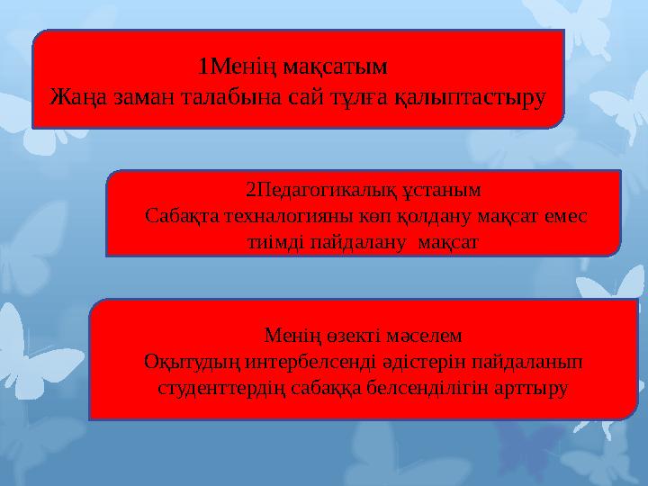 1Менің мақсатым Жаңа заман талабына сай тұлға қалыптастыру 2Педагогикалық ұстаным Сабақта техналогияны көп қолдану мақсат ем