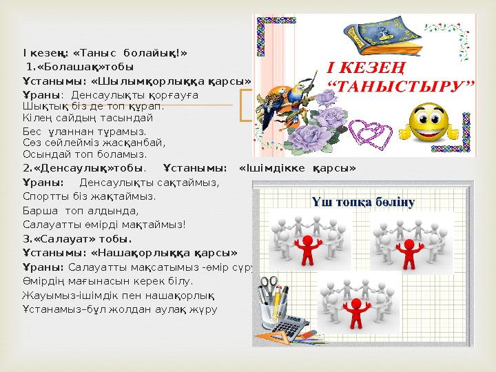 І кезең: «Таныс болайық!» 1.«Болашақ»тобы Ұстанымы: «Шылымқорлыққа қарсы» Ұраны : Денсаулықты қорғауға Шықтық біз де топ құ