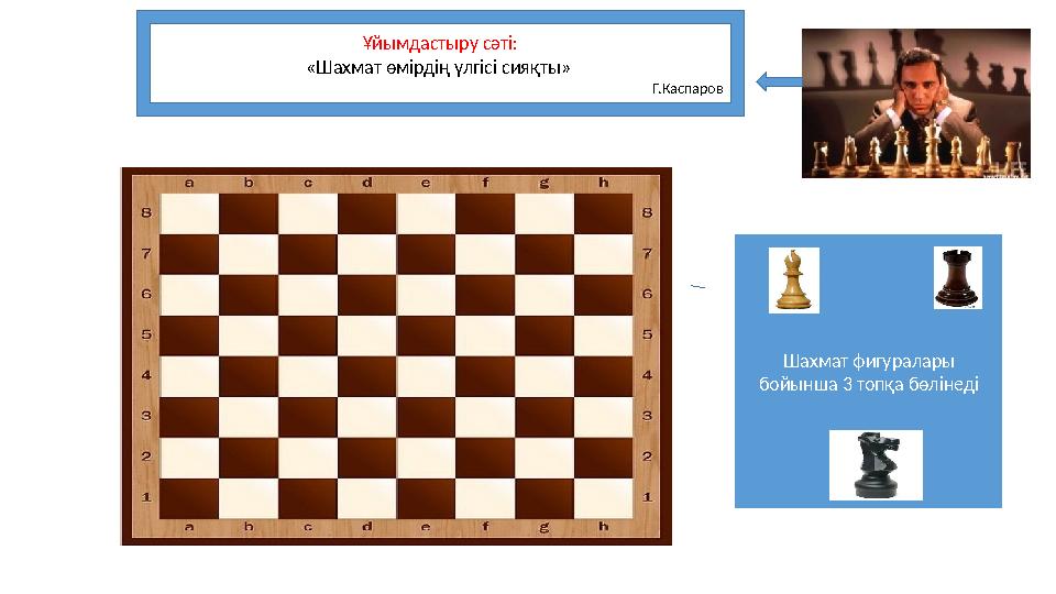 Ұйымдастыру сәті: «Шахмат өмірдің үлгісі сияқты» Г.Каспаров Шахмат фигуралары бойынша 3 топқа бөлінеді