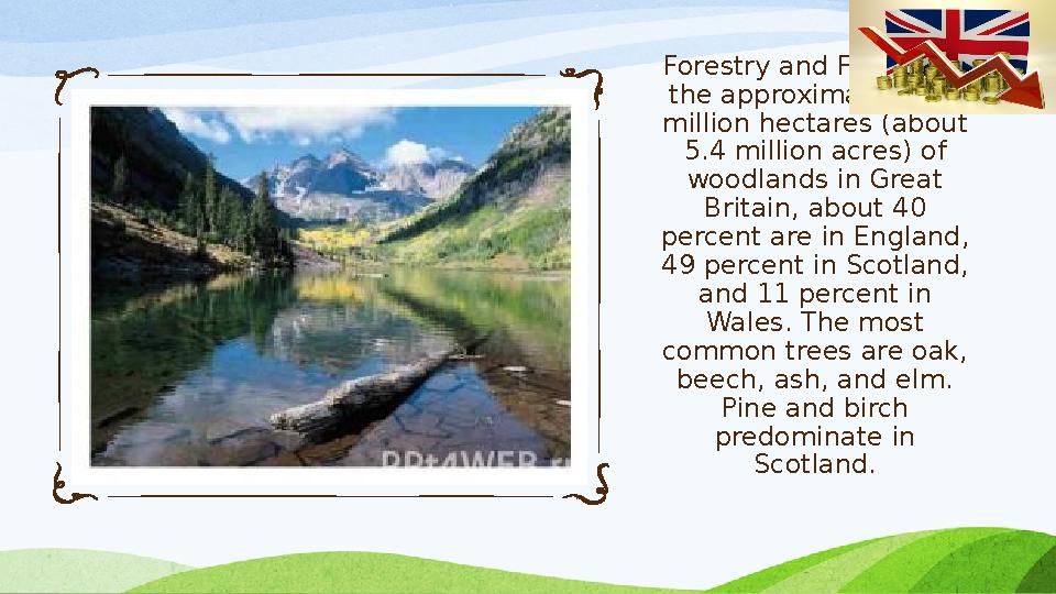 Forestry and Fishing Of the approximately 2.2 million hectares (about 5.4 million acres) of woodlands in Great Britain, abo