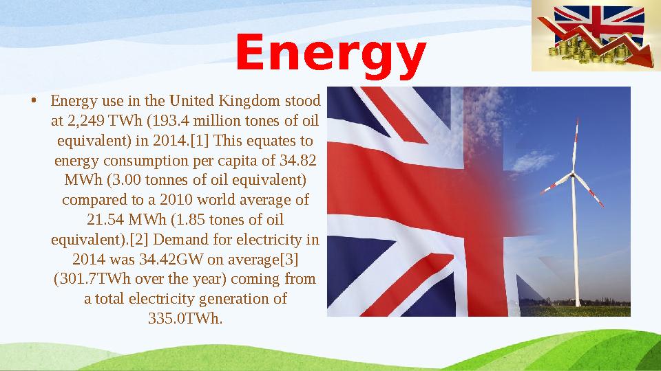 Energy • Energy use in the United Kingdom stood at 2,249 TWh (193.4 million tones of oil equivalent) in 2014.[1] This equates