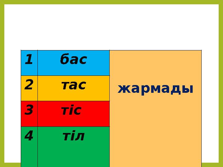 1 бас жармады2 тас 3 тіс 4 тіл