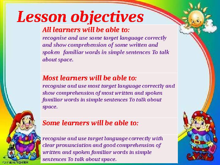 Lesson objectives All learners will be able to: recognise and use some target language correctly and show comprehension of some