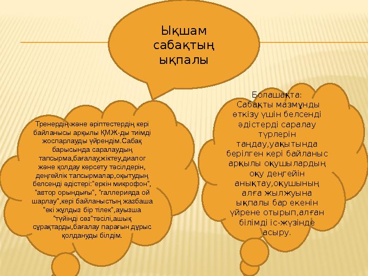 Ықшам сабақтың ықпалы Болашақта: Сабақты мазмұнды өткізу үшін белсенді әдістерді саралау түрлерін таңдау,уақытында бері