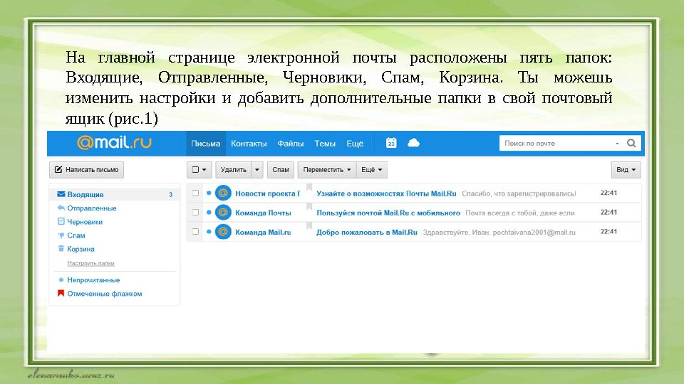 На главной странице электронной почты расположены пять папок: Входящие, Отправленные, Черновики, Спам, Корзина. Ты