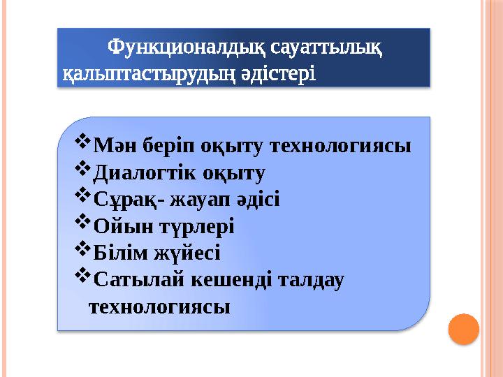 Функционалдық сауаттылық қалыптастырудың әдістері  Мән беріп оқыту технологиясы  Диалогтік оқыту  Сұрақ- жауап әд