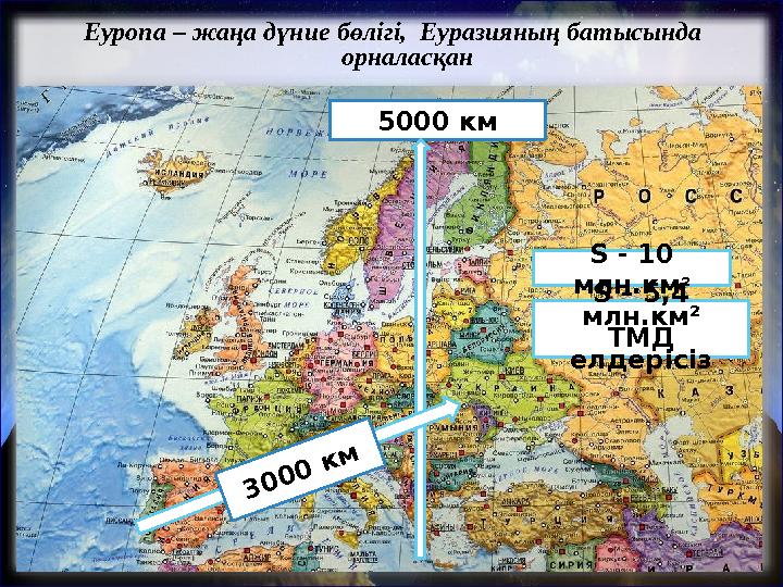 5000 кмЕуропа – жаңа дүние бөлігі, Еуразияның батысында орналасқан S - 10 млн.км ² S – 5,4 млн.км² ТМД елдерісіз3 0 0 0