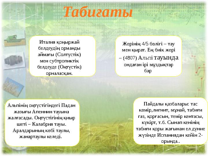 Табиғаты Италия қоңыржай белдеудің орманды аймағы ( Солтүстік ) мен субтропиктік белдеуде ( Оңтүстік ) орналасқан . Жерін