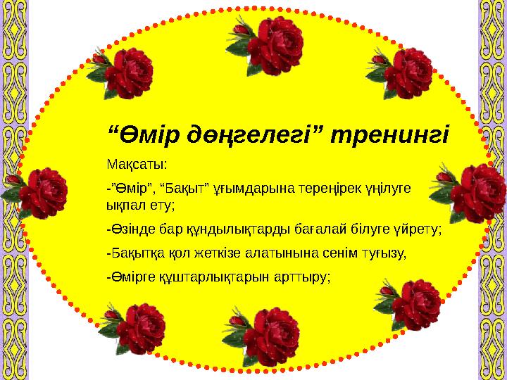 “ Өмір дөңгелегі” тренингі Мақсаты: -”Өмір”, “Бақыт” ұғымдарына тереңірек үңілуге ықпал ету; -Өзінде бар құндылықтарды бағалай