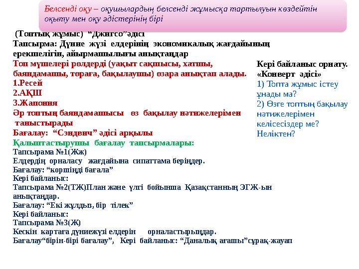 (Топтық жұмыс) “Джигсо”әдісі Тапсырма: Дүние жүзі елдерінің экономикалық жағдайының ерекшелігін, айырмашылығы анықтаңдар