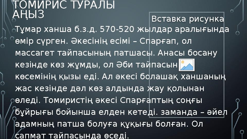 ТОМИРИС ТУРАЛЫ АҢЫЗ Тұмар ханша б.з.д. 570-520 жылдар аралығында өмір сүрген. Әкесінің есімі – Спарғап, ол массагет тайпасыны