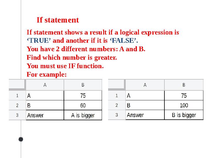 If statement If statement shows a result if a logical expression is ‘TRUE’ and another if it is ‘FALSE’. You have 2 different