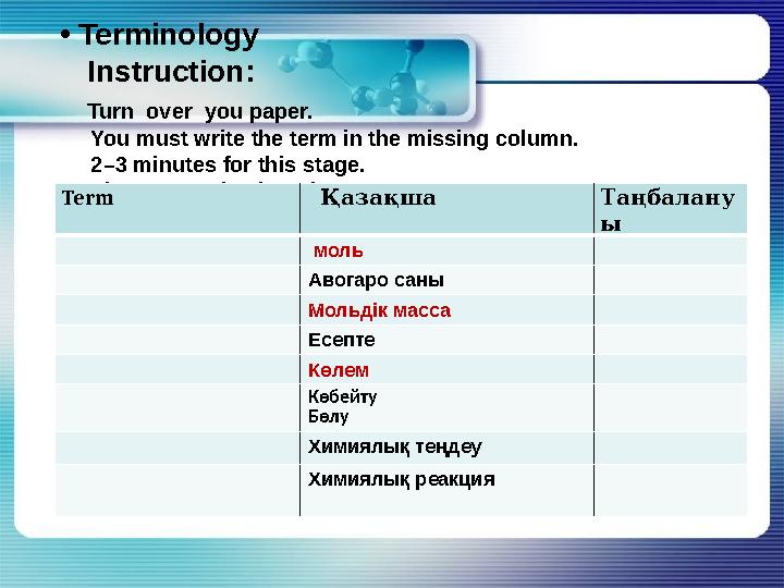 • Terminology Instruction: Turn over you paper. You must write the term in the missing column. 2–3 minutes for th