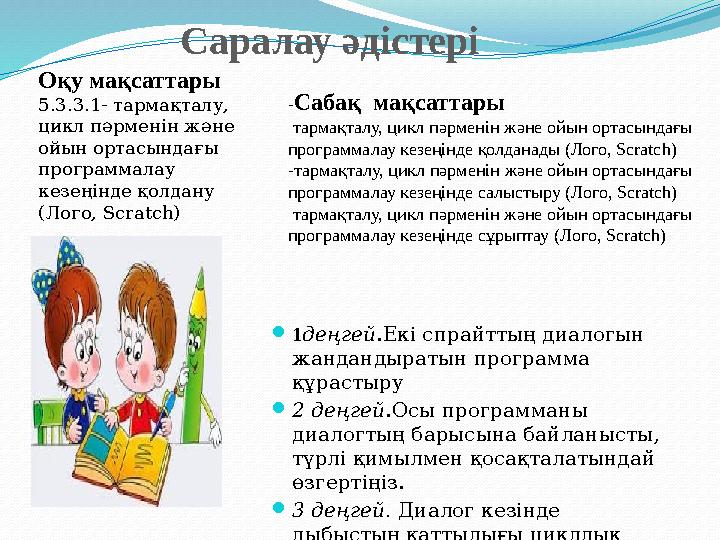 Саралау әдістері  1 деңгей .Екі спрайттың диалогын жандандыратын программа құрастыру  2 деңгей .Осы программаны диалогтың б