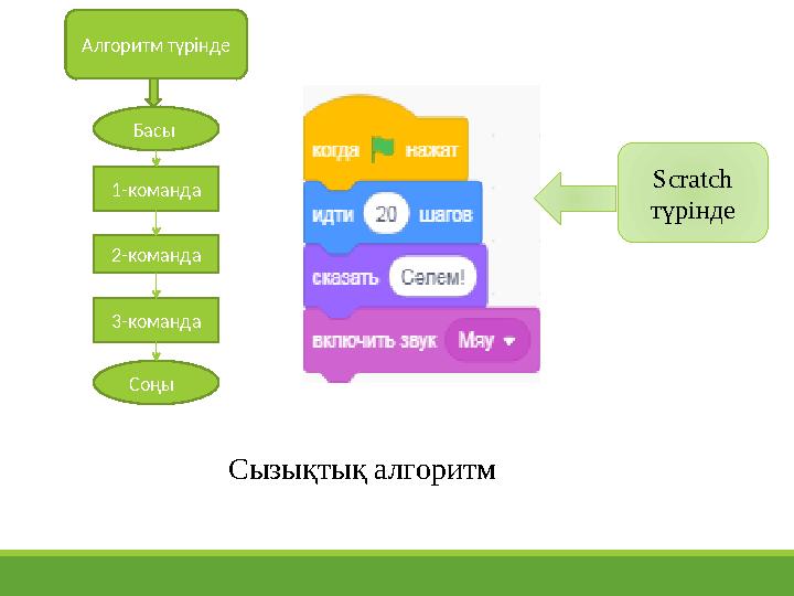 Басы Алгоритм т үрінде 1-команда 2-команда 3-команда Соңы Scratch түрінде Сызы қтық алгоритм