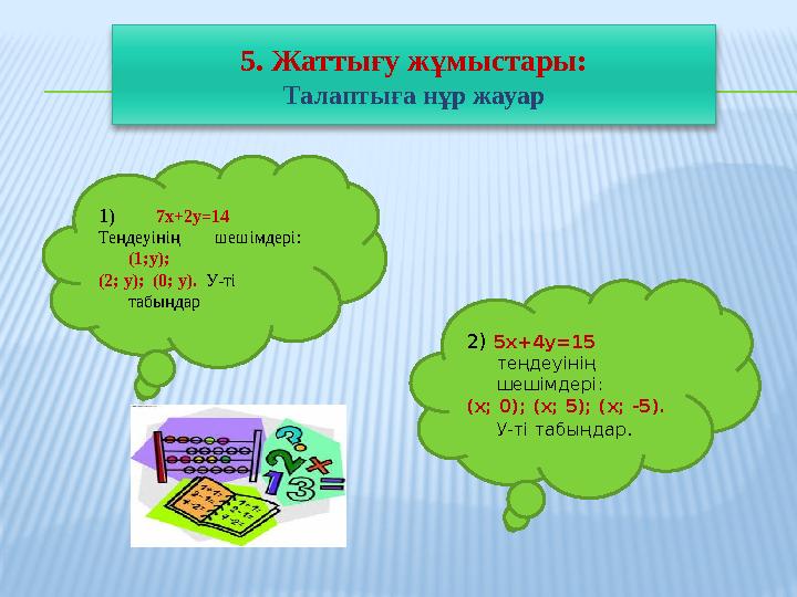 5. Жаттығу жұмыстары: Талаптыға нұр жауар 1) 7 x+2y=14 Теңдеуінің шешімдері: (1;у); (2; у); (0; у). У-ті табы