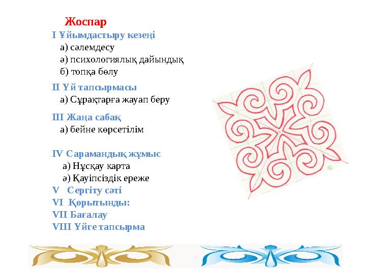 Жоспар І Ұйымдастыру кезеңі а) сәлемдесу ә) психологиялық дайындық б) топқа бөлу ІІ Үй тапсырмасы а) Сұрақт