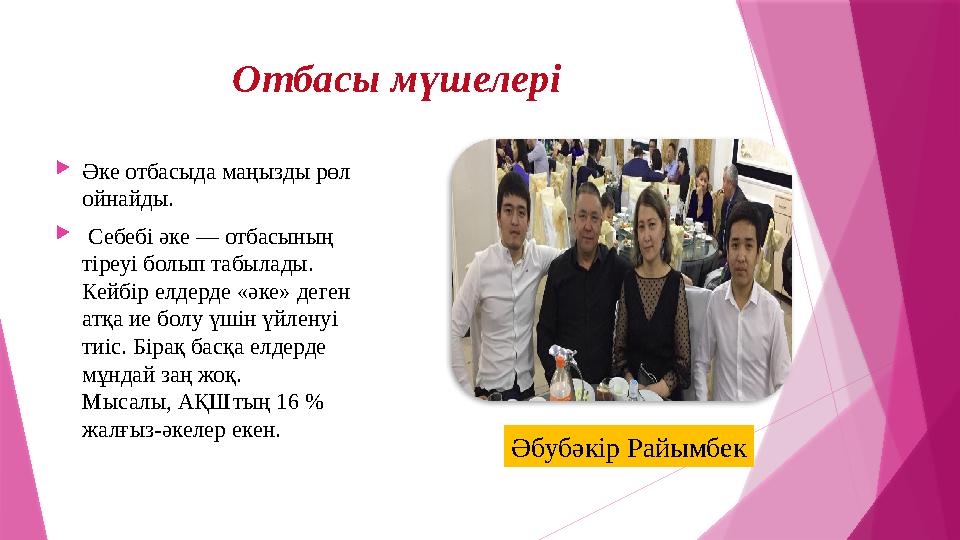 Отбасы мүшелері  Әке отбасыда маңызды рөл ойнайды.  Себебі әке — отбасының тіреуі болып табылады. Кейбір елдерде «әке» де