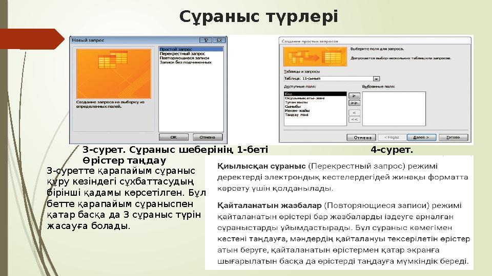 Сұраныс түрлері 3-сурет. Сұраныс шеберінің 1-беті 4-сурет. Өрістер таңдау 3-суретте қарапайым сұ