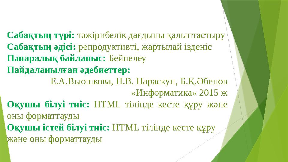 Сабақтың түрі: тәжірибелік дағдыны қалыптастыру Сабақтың әдісі: репродуктивті, жартылай ізденіс Пәнаралық байланыс: Бейнелеу
