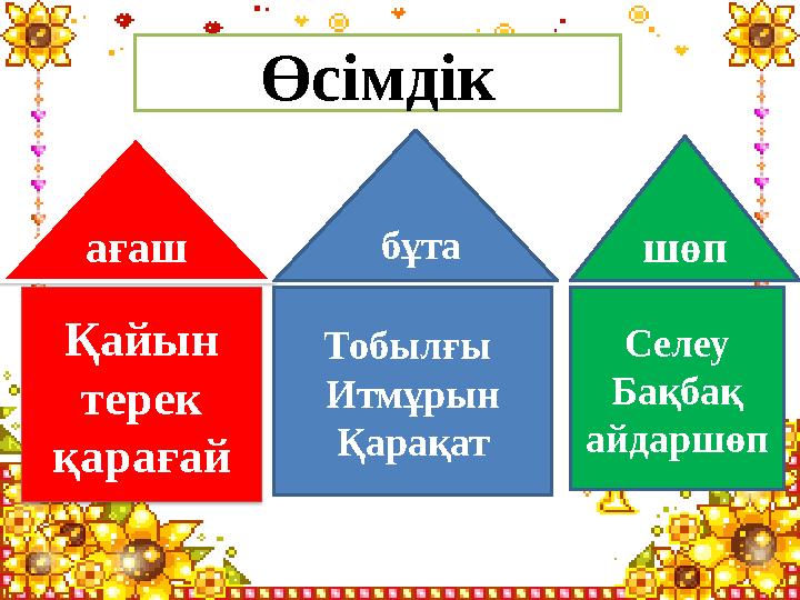 Қайын терек қарағай Тобылғы Итмұрын Қарақат Селеу Бақбақ айдаршөпағаш бұта шөпӨсімдік