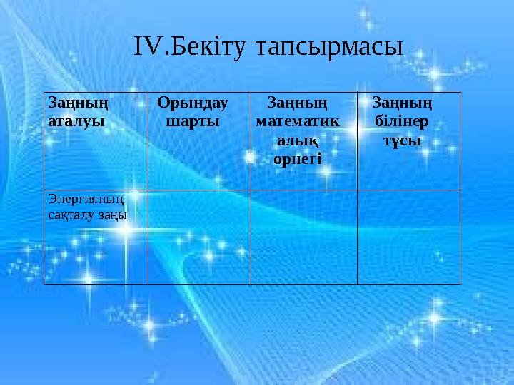 Заңның аталуы Орындау шарты Заңның математик алық өрнегі Заңның білінер тұсы Энергияның сақталу заңы IV .Бекіту тапсырмас