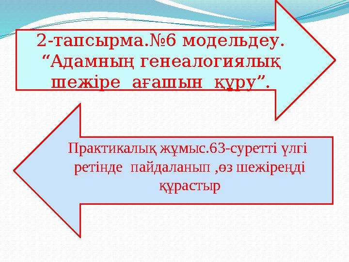 2-тапсырма.№6 модельдеу. “Адамның генеалогиялық шежіре ағашын құру”. Практикалық жұмыс.63-суретті үлгі ретінде пайдаланып