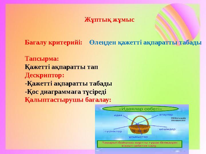 Жұптық жұмыс Бағалу критерийі: Өлеңден қажетті ақпаратты табады Тапсырма: Қажетті ақпаратты тап Дескриптор: -Қажетті ақпарат