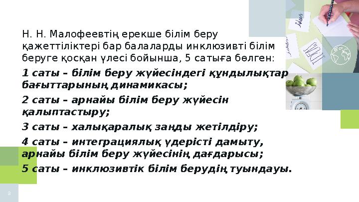 Н. Н. Малофеевтің ерекше білім беру қажеттіліктері бар балаларды инклюзивті білім беруге қосқан үлесі бойынша, 5 сатыға бөлген