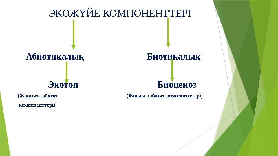 ЭКОЖҮЙЕ КОМПОНЕНТТЕРІ Абиотикалық Биотикалық Экотоп