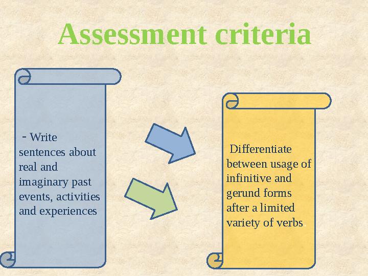 Assessment criteria - Write sentences about real and imaginary past events, activities and experiences Differenti