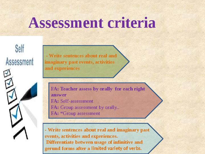 Assessment criteria - Write sentences about real and imaginary past events, activities and experiences FA: Teacher asses