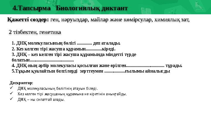4.Тапсырма Биологиялық диктант Қажетті сөздер: ген, нәруыздар, майлар және көмірсулар, химиялық зат, 2 тізбектен, генети