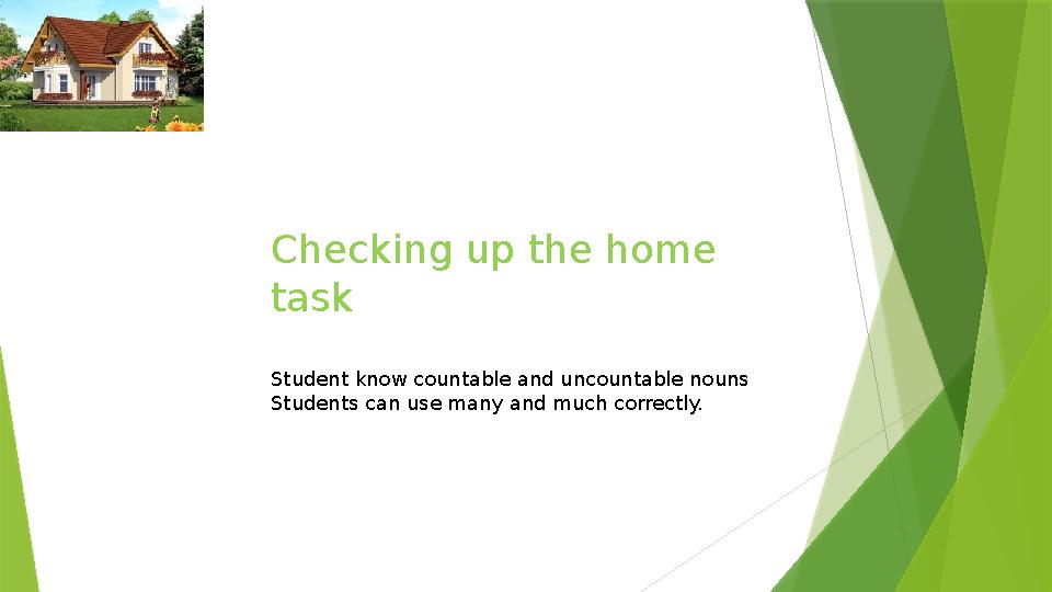 Checking up the home task Student know countable and uncountable nouns Students can use many and much correctly.