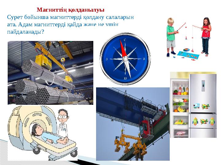 Магниттің қолданылуы Сурет бойынша магниттерді қолдану салаларын ата. Адам магниттерді қайда және не үшін пайдаланады?