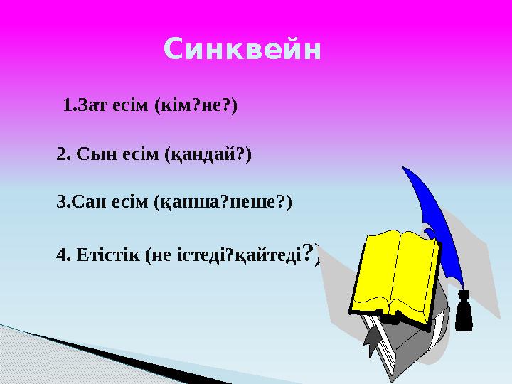 1.Зат есім (кім?не?) 2. Сын есім (қандай?) 3.Сан есім (қанша?неше?) 4. Етістік (не істеді?қайтеді ?) Синквейн